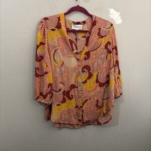 Alex & Parker  Floral Button Down Collared Gauze Crape  Shirt Women Large